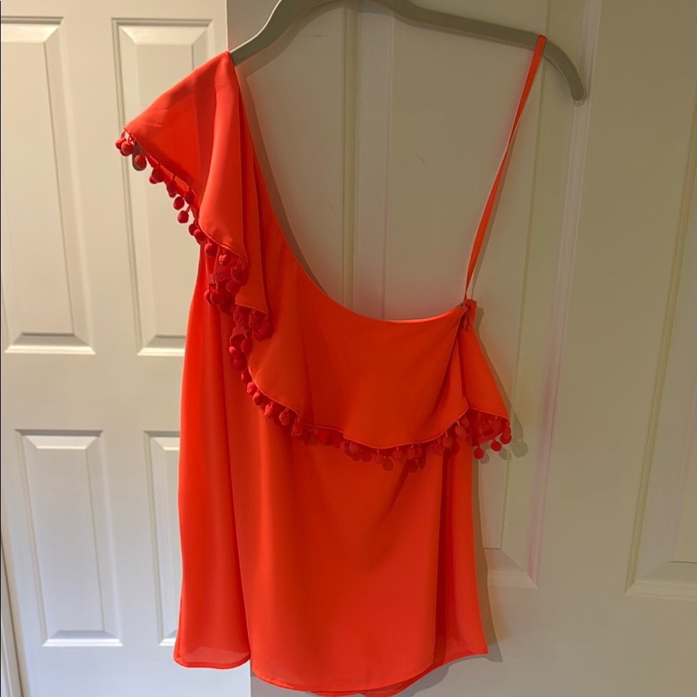 Women’s One-Shoulder Ruffle Pom-Trim Top - Bright Coral